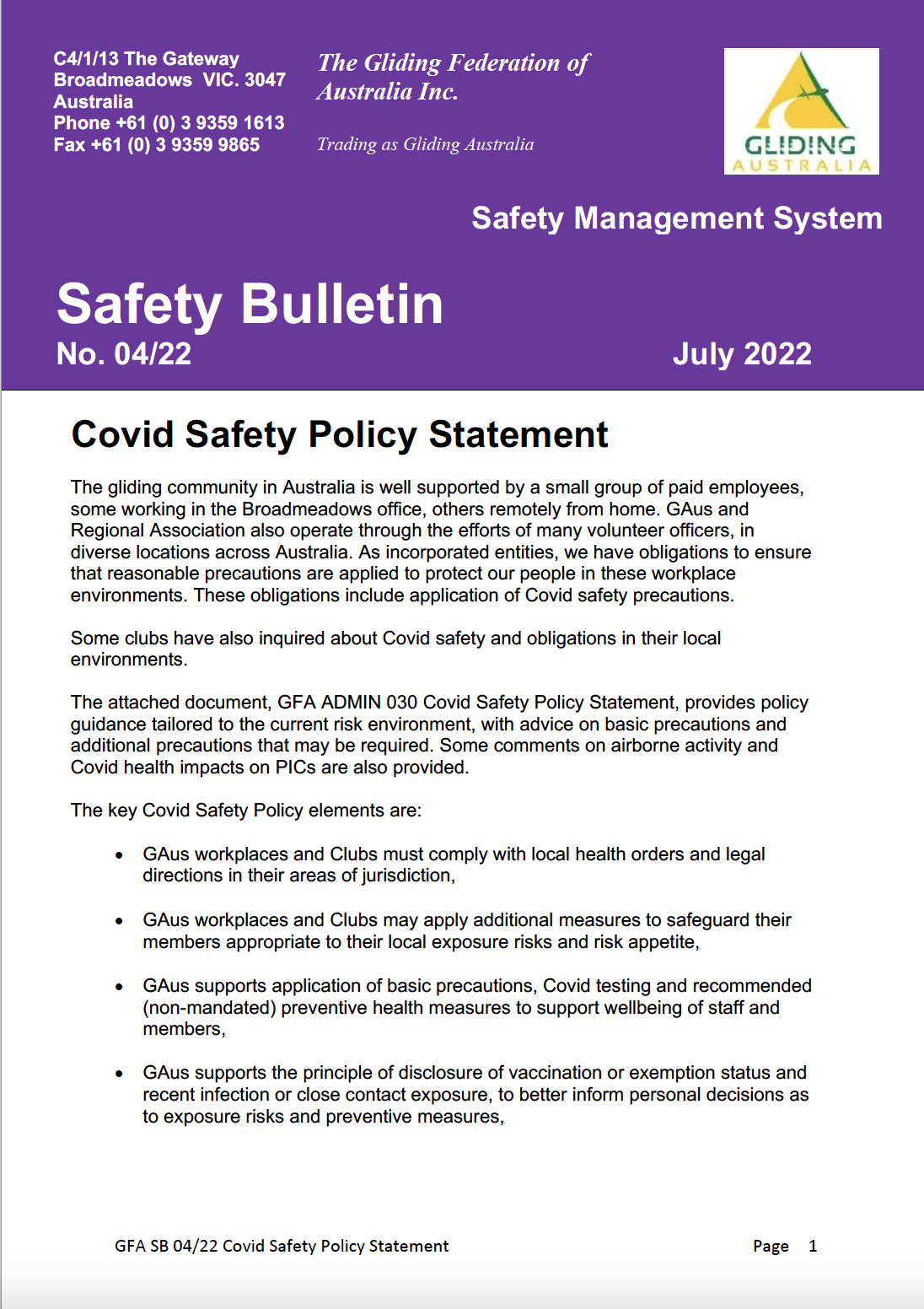 GFA SB 04 22 Covid Safety Policy Statement w ADMIN 030