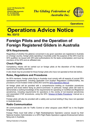 2013 - OAN 03/13 Foreign Pilots and the Operation of Foreign Registered Gliders in Australia