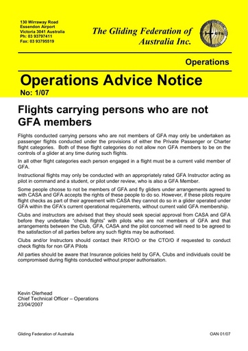 2007 - OAN 01/07 Flights Carrying Persons Who Are Not GFA Members