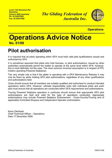 2008 - OAN 01/08 Pilot authorisation