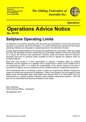 2010 - OAN 01/10 Sailplane Operating Limits