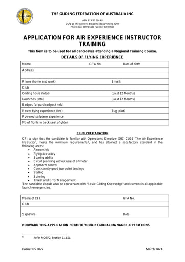 APPLICATION FOR AIR EXPERIENCE INSTRUCTOR TRAINING