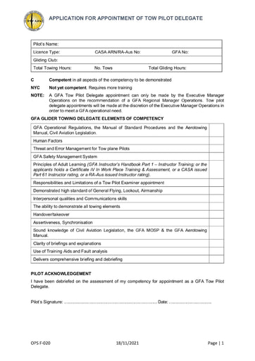 APPLICATION FOR APPOINTMENT OF TOW PILOT DELEGATE