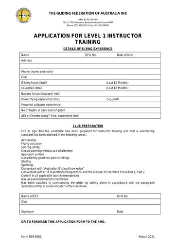 APPLICATION FOR LEVEL 1 INSTRUCTOR TRAINING (OPS F003)