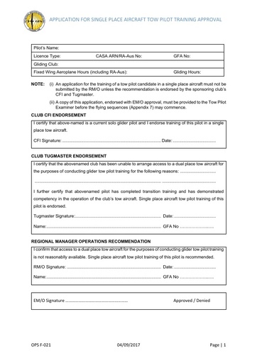 APPLICATION FOR SINGLE PLACE AIRCRAFT TOW PILOT TRAINING APPROVAL
