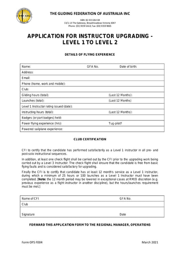 APPLICATION FOR INSTRUCTOR UPGRADING -  LEVEL 1 TO LEVEL 2 (OPS F004)